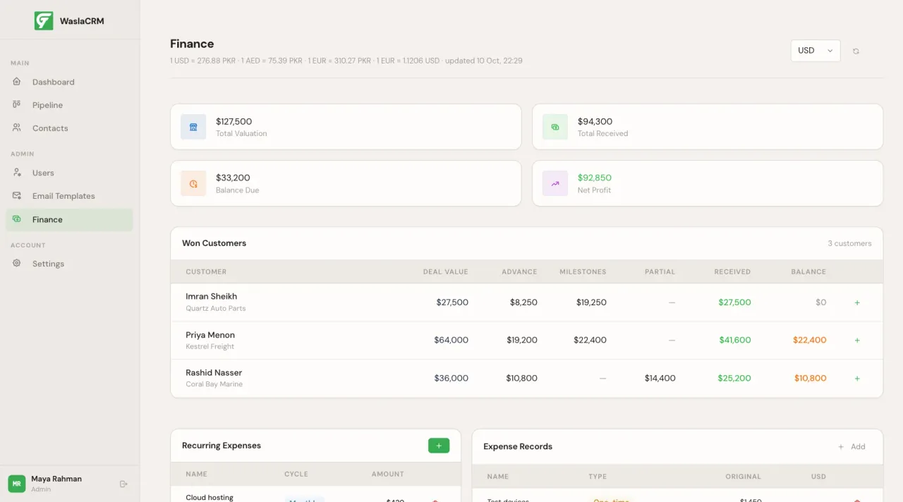 WaslaCRM finance view with deal valuation, payments received, balance due and expenses