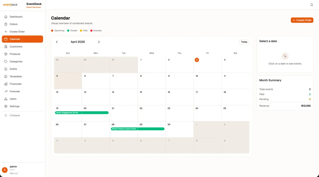 Eventdeck calendar with a monthly overview of all scheduled events