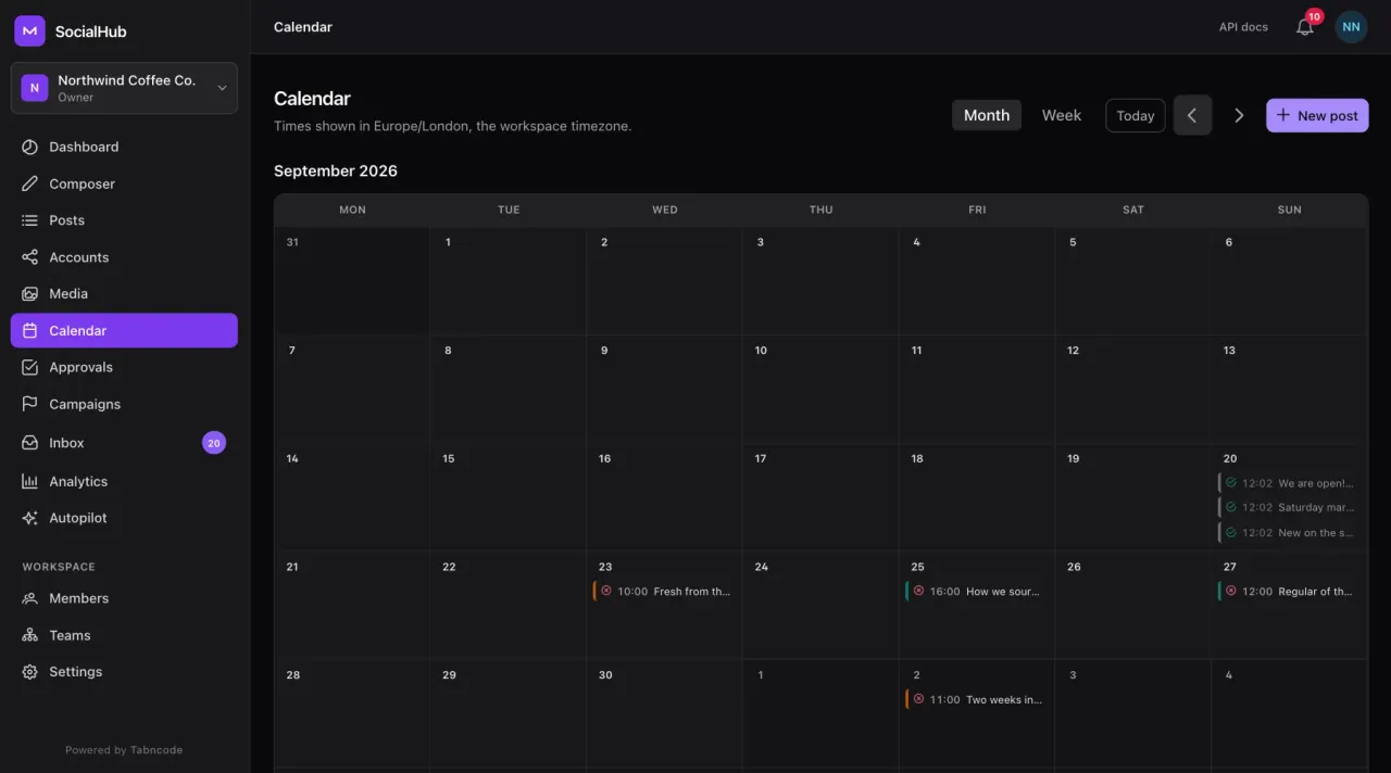 SocialHub content calendar in month view with scheduled and published posts