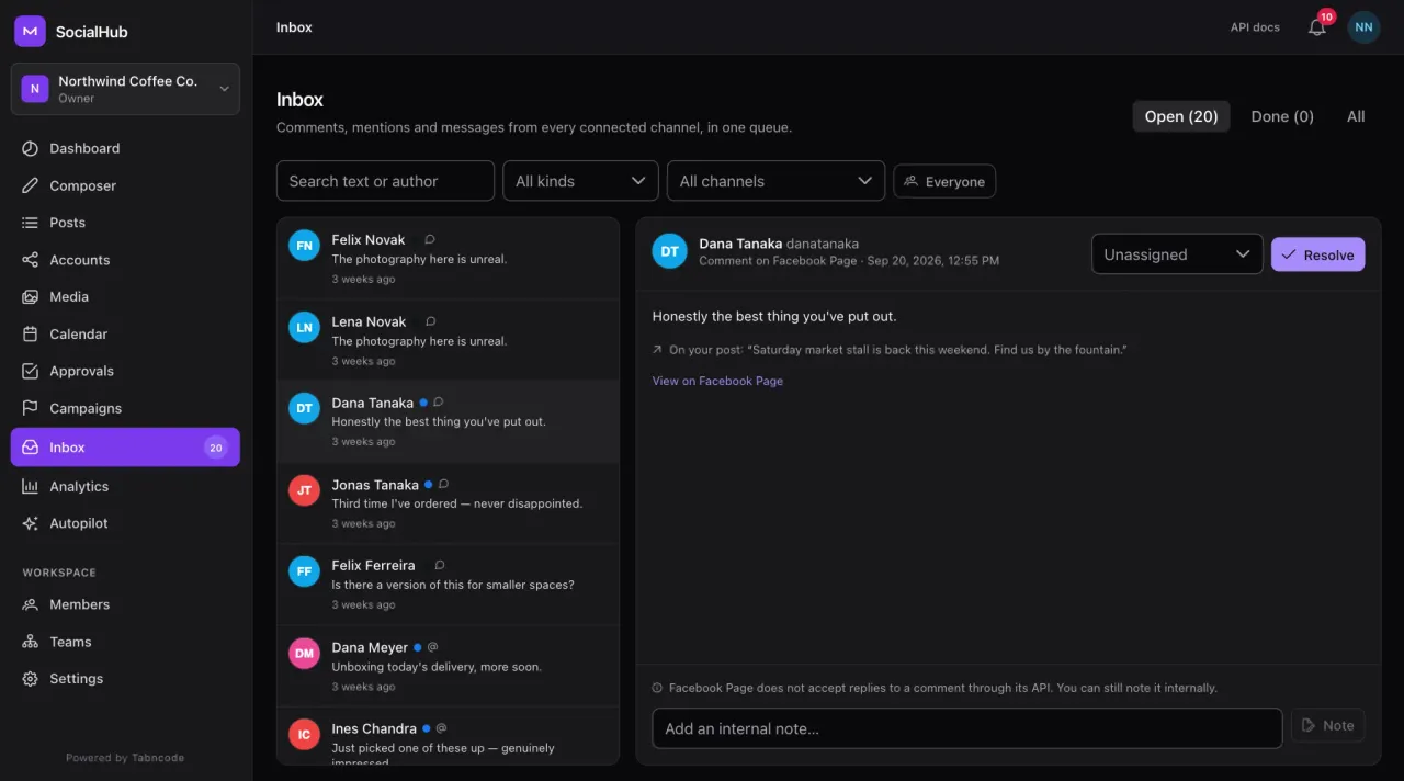 SocialHub unified inbox with comments and mentions from every connected channel and an open conversation