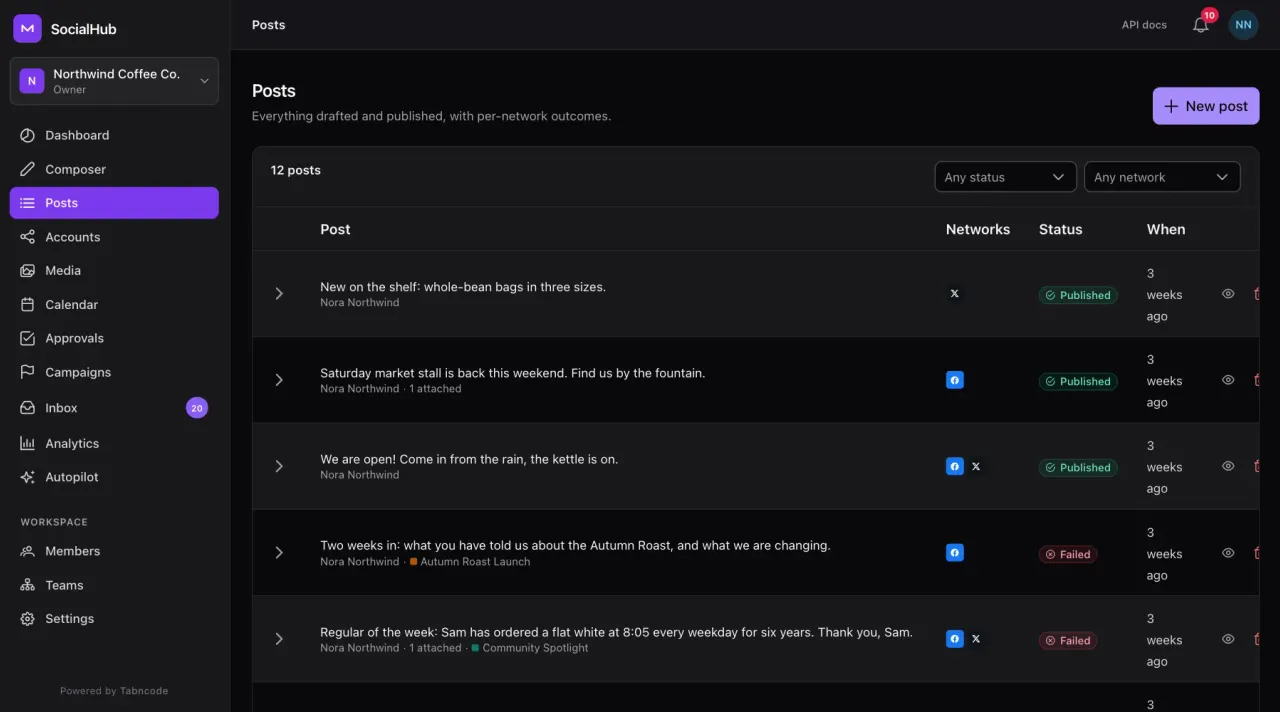SocialHub posts list with networks, campaign and per-network publish status