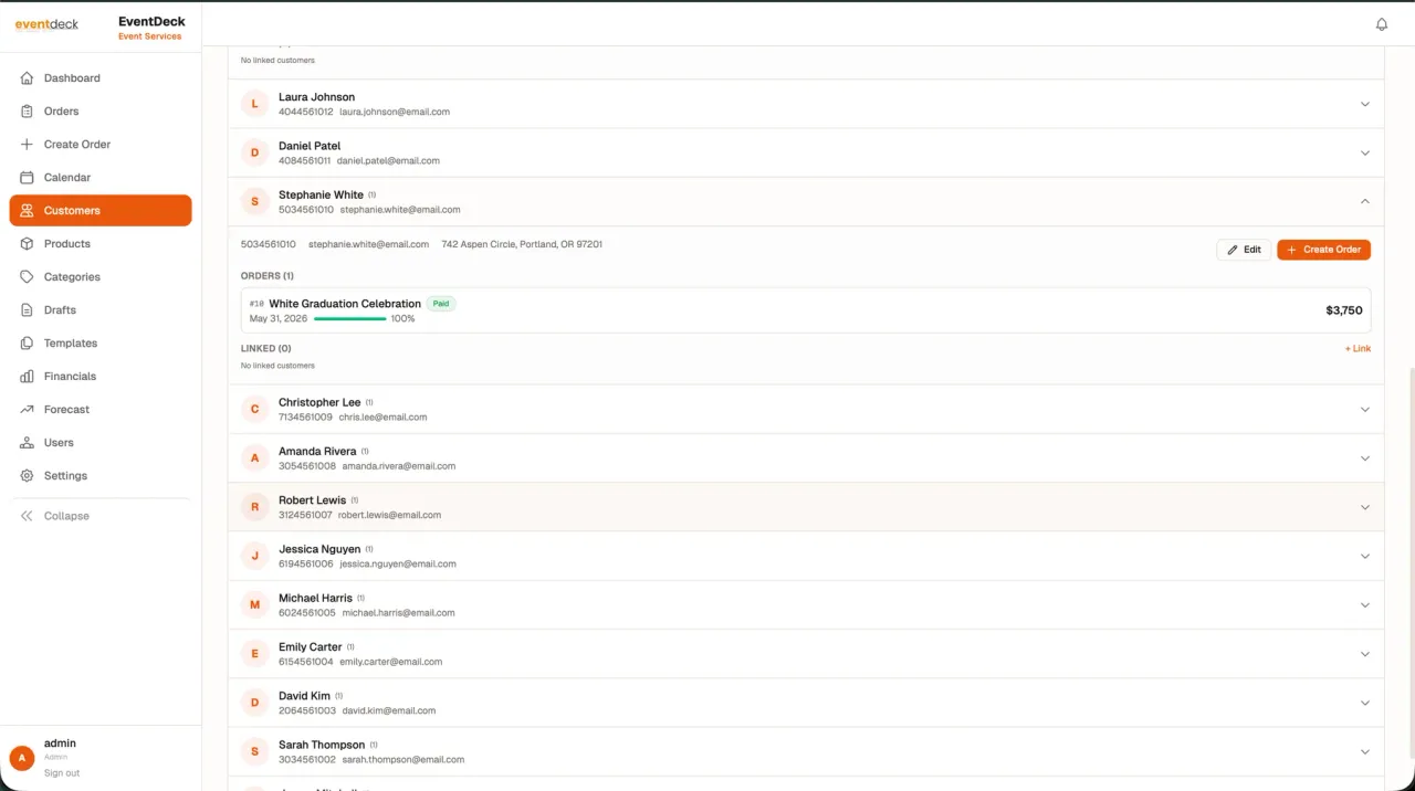 Eventdeck customer directory with order history and quick actions