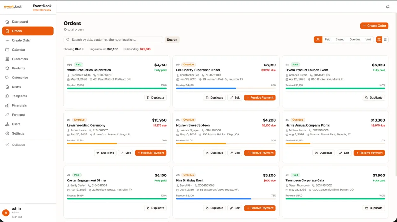 Eventdeck orders in card view with status, payments and quick actions