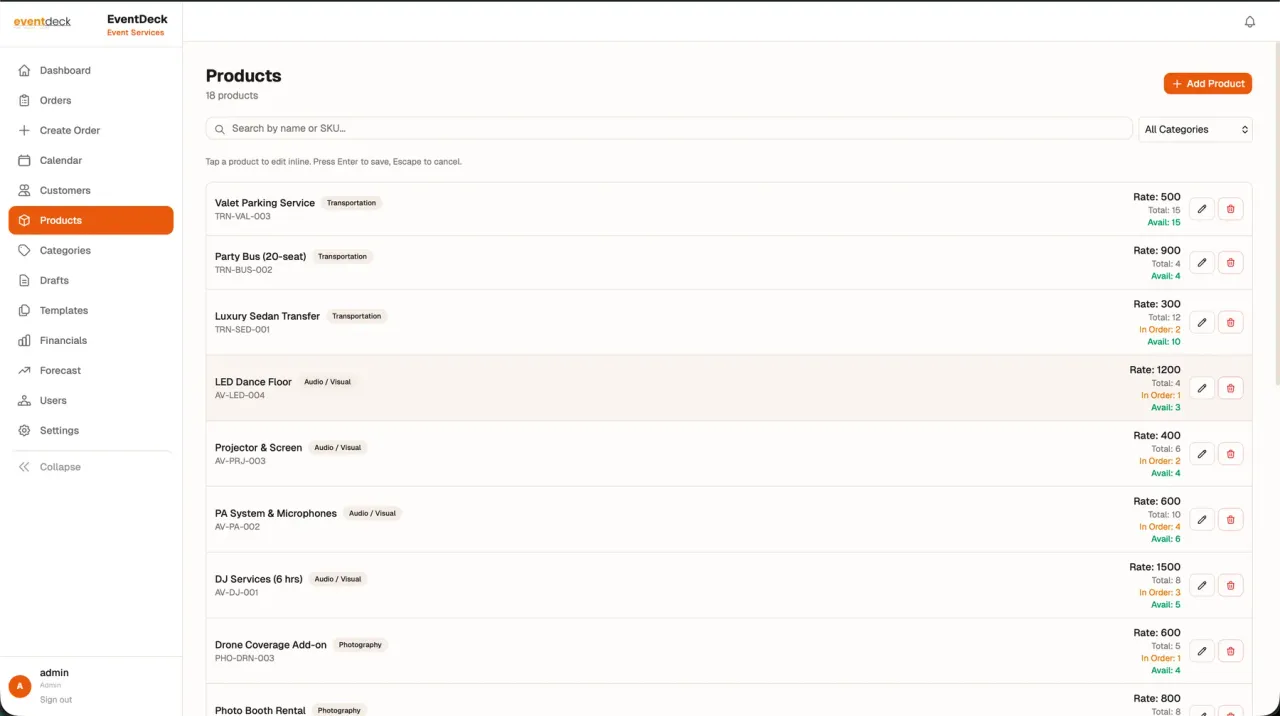 Eventdeck product catalogue with rates, stock and categories