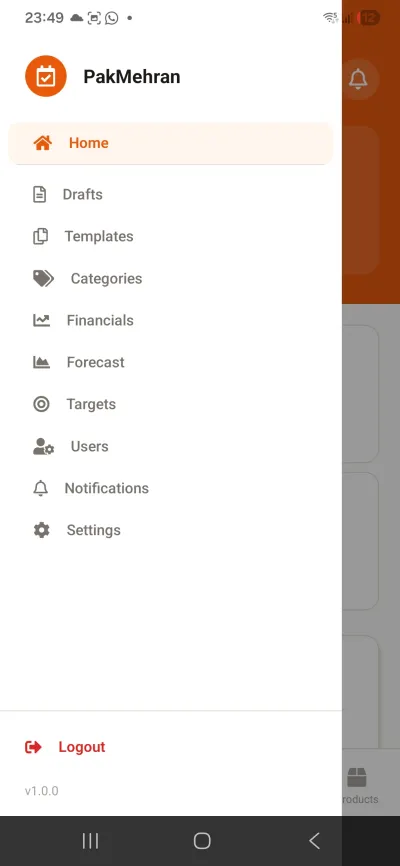 Eventdeck mobile app navigation: home, drafts, templates, categories, financials, forecast, targets, users, notifications and settings