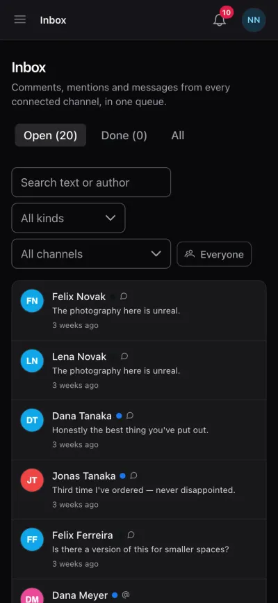 SocialHub unified inbox in a phone browser with comments from connected channels