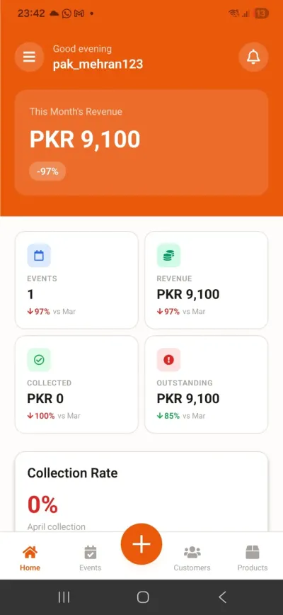Eventdeck mobile app home dashboard with monthly revenue, events and collection metrics